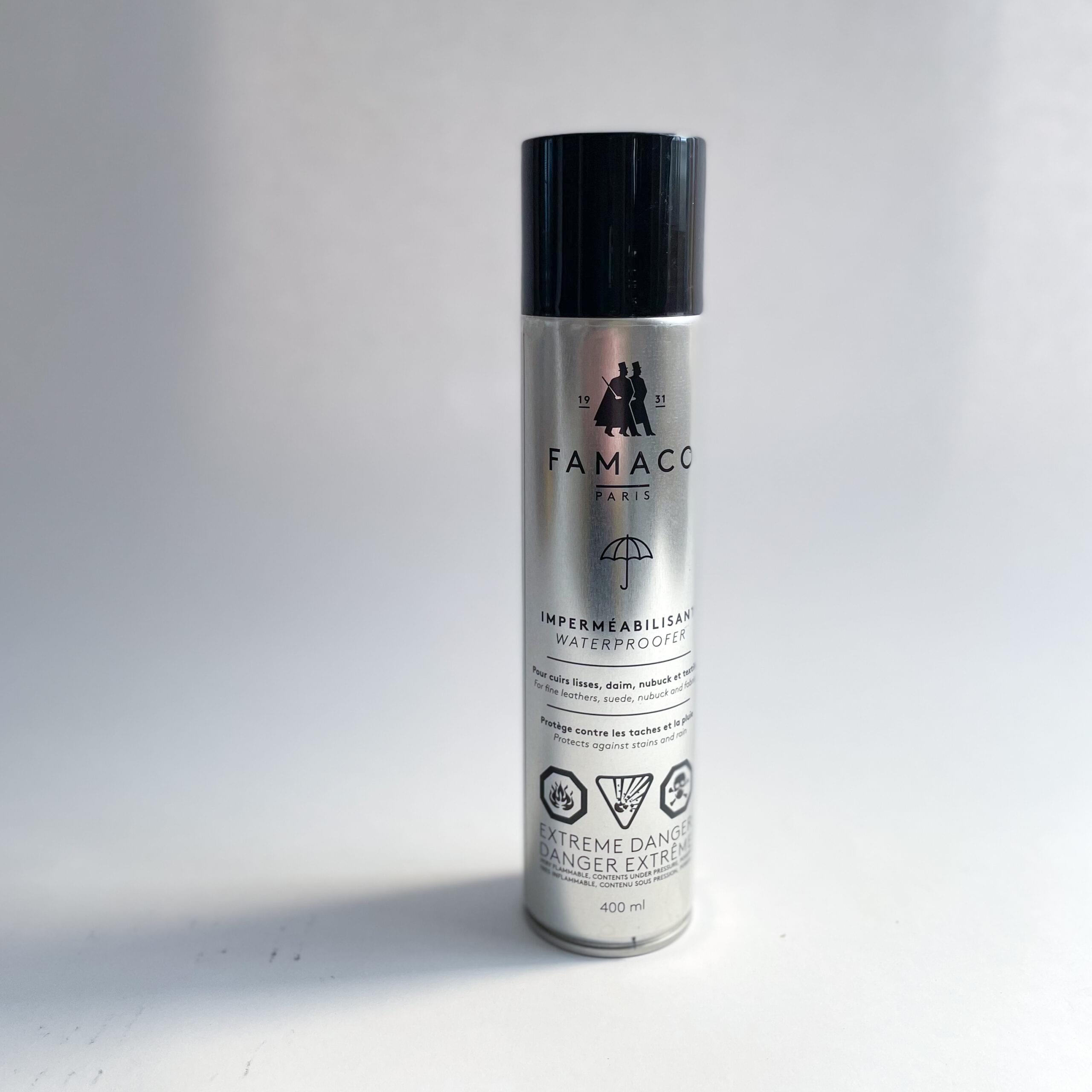 The front of a single can of Famaco Waterproofing Spray